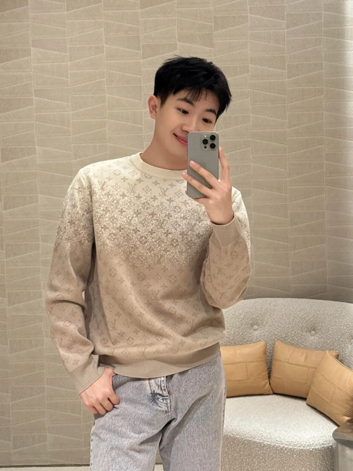 Louis Vuitton/Louis Vuitton Khaki gradient all-over printed old flower knitted sweater